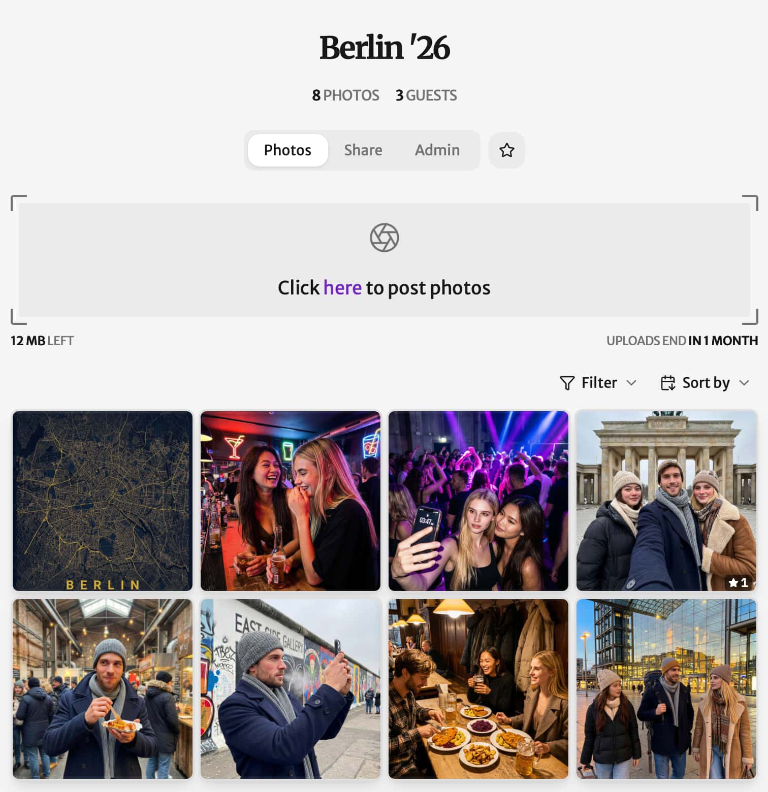 Partoska event gallery for a weekend in Berlin with eight shared photos from three guests.