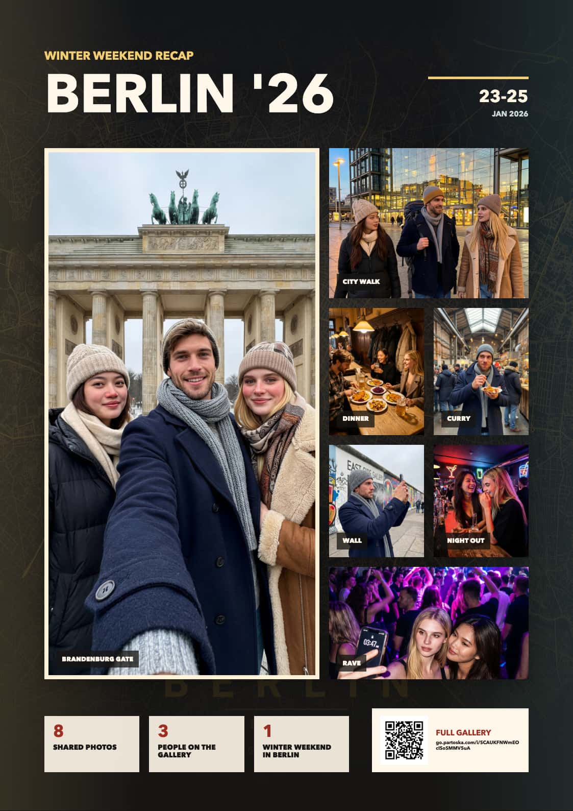 A Berlin '26 recap poster made from the event photos, with a QR code that links back to the full gallery.