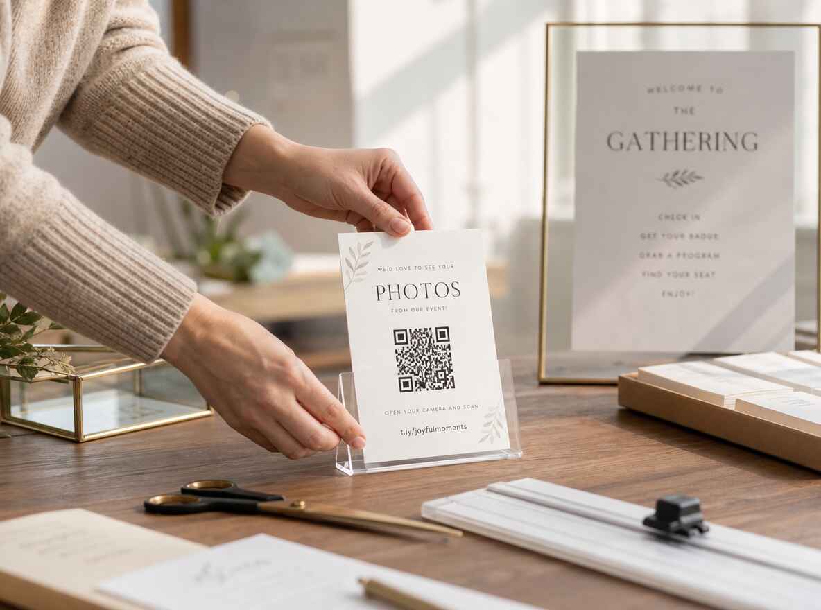 A printed card with a QR code that asks guests to share their photos from the event.