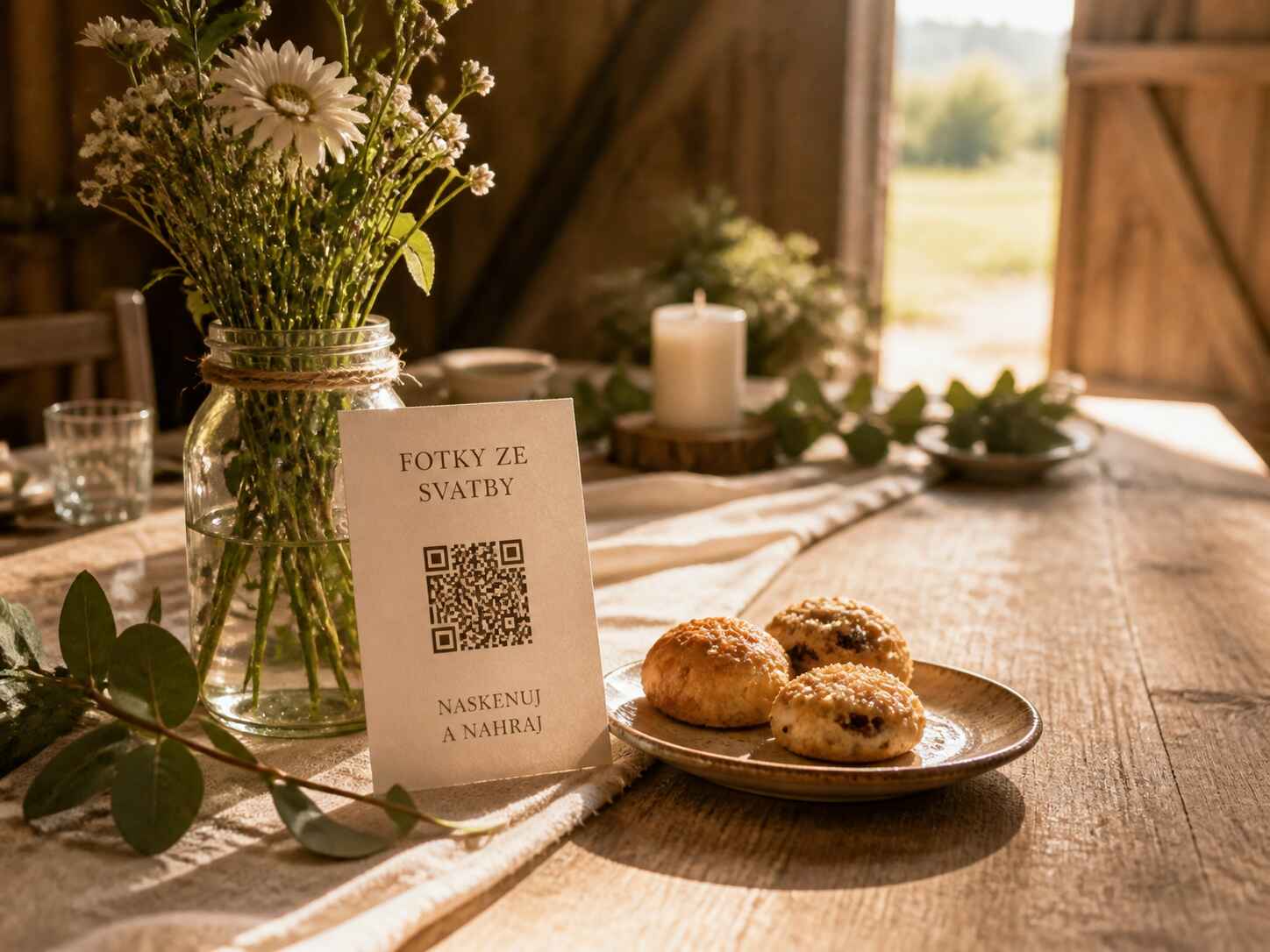 Složená kartička s QR kódem na svatebním stole s výzvou k nahrání fotek.
