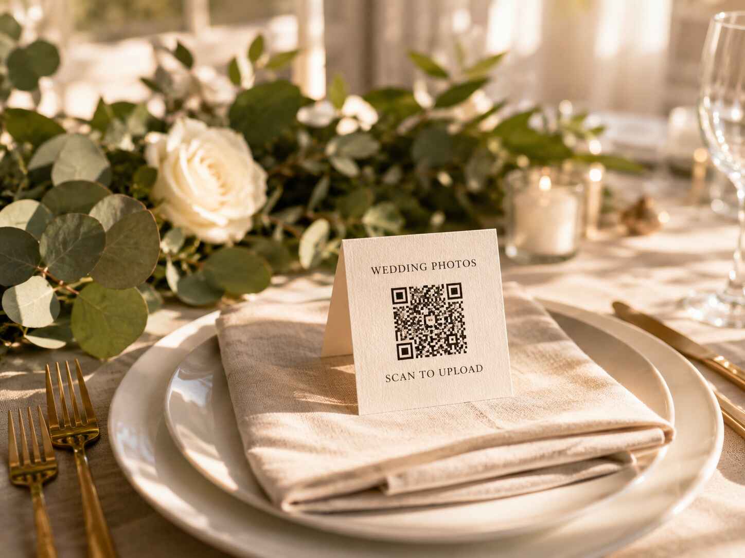 A folded QR code card on a wedding table that says scan to upload.